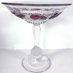 Vintage 1970-tals Westmoreland elegant klart glas med handapplicerad rubinfärgad lyster Della Robbia fruktmönster 8" bollstång öppen kompott