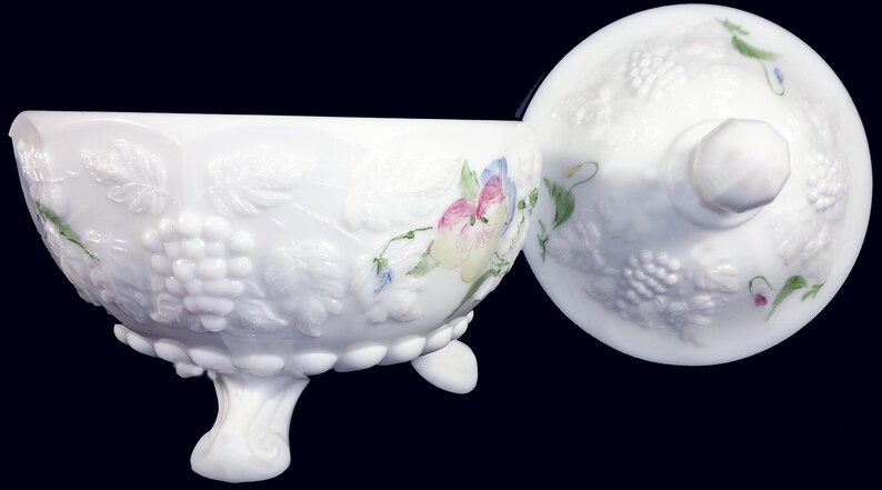 Vintage Westmoreland Elegant Milk Glass With Rare Hand Painted  Pansy Flowers Decoration Paneled Grape Pattern 6t Covered Candy Bowl