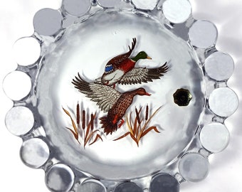Vintage 1980's Westmoreland Clear Crystal Elegant Glass Ducks In Flight Decal 7.5"d Crystal Ball Ring Pattern Ashtray With Original Box