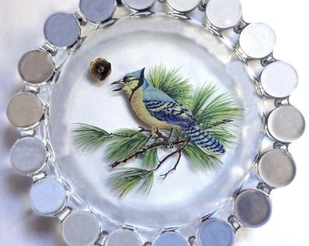 Vintage 1980's Westmoreland Elegant Clear Crystal Glass Blue Jay Bird Decal 7.5"d Crystal Ball Ring Ashtray With Original Box