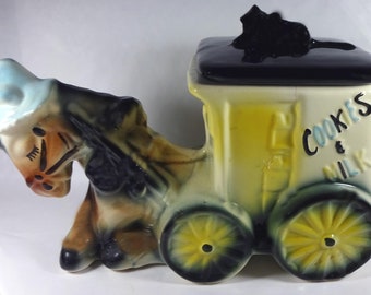 Vintage 1950's American Bisque Company Hand Painted Ceramic Horse, Buggy Cat Finial Lid Cookies & Milk Series 13"l Covered Cookie Jar