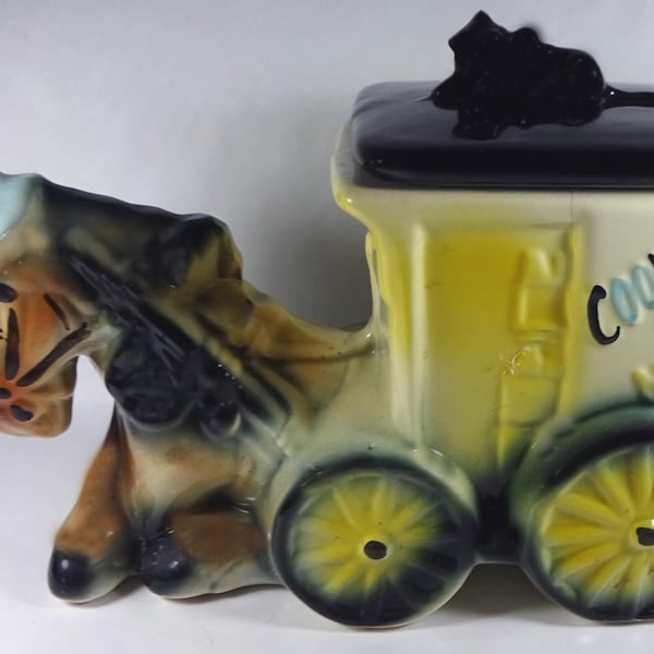 Vintage 1950's American Bisque Company Hand Painted Ceramic Horse, Buggy Cat Finial Lid Cookies & Milk Series 13"l Covered Cookie Jar