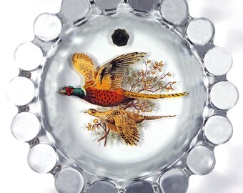 Vintage 1980's Westmoreland Elegant Clear Crystal Glass Pheasants In Flight Decal 7.5"d Crystal Ball Ring Ashtray With Original Box