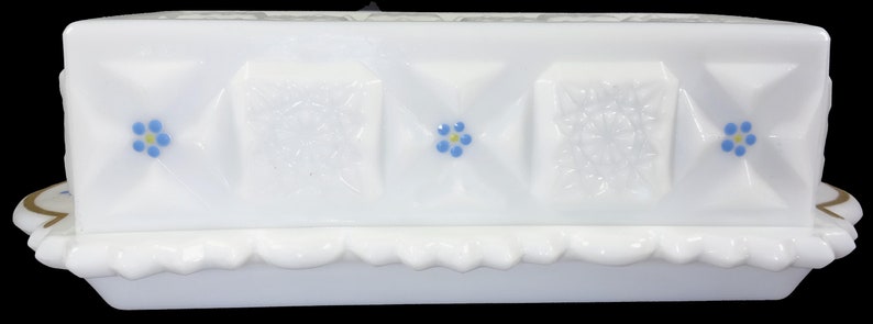 Vintage 1970s Westmoreland Elegant Milk Glass With Hand Painted Forget Me Not Flowers Decoration Old Quilt Pattern 7.5l Covered Butter Dish