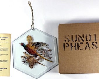 Vintage 1980's Westmoreland Clear Crystal Elegant Glass Pheasants In Flight Decal 6" Hexagonal Sun Catcher Ornament With Original Box