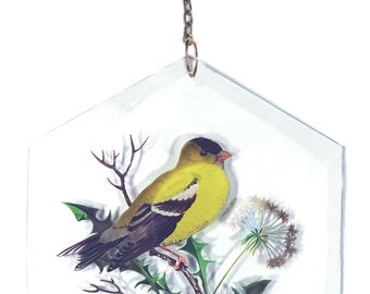 Vintage 1980's Westmoreland Clear Crystal Elegant Glass With American Goldfinch Bird Decal 6"t Sun Catcher Window Ornament