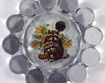 Vintage 1980's Westmoreland Elegant Clear Crystal Glass With Raccoon And Cub Decal 5"d Crystal Ball Ring Ashtray