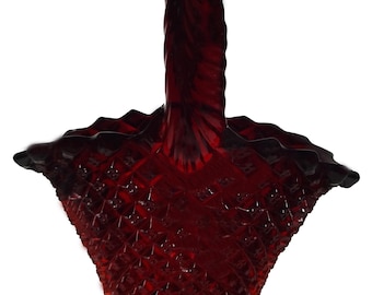 Vintage 1970's Westmoreland Elegant Glass Ruby Red Flame Amberina English Hobnail Pattern 9"t Decorative Collectible Basket