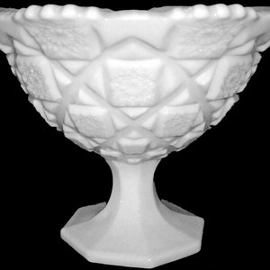 Könnte beinhalten: Eine weiße Milchglas-Schale mit einem Sockel. Die Schale hat ein geometrisches Muster und einen gewellten Rand.