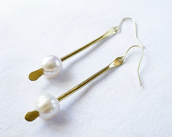 White Pearl Bar Earrings