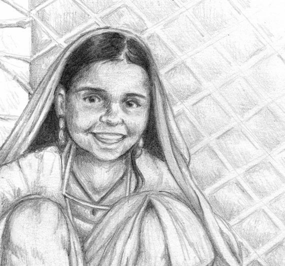 Art Print Ołówek Rysunek Dziewczyny W Indiach Indie Nieoprawione