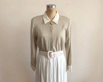 Ivory and Gold Belted Shirtdress - 1980s