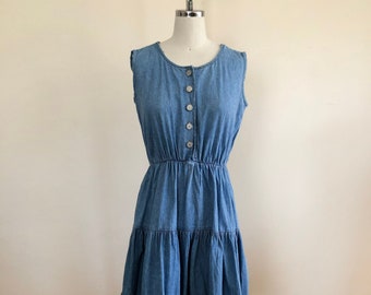 Sleeveless, Blue Denim Tiered Mini-Dress with Eyelet and Ribbon Trim - 1990s