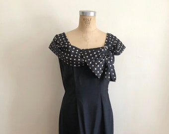 Black Silk Cocktail Dress with Oversized Polka-Dot Bow - 1950s
