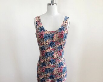 Floral/Conversational Print Body-Con Mini-Dress - 1980s