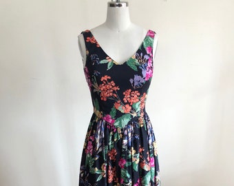 Laura Ashley Sleeveless Black Floral Print Dress - 1980s