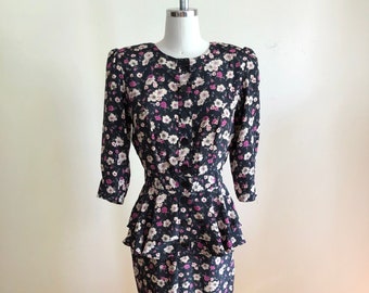 Black and Pink Floral Print Dress with Peplum - 1980s