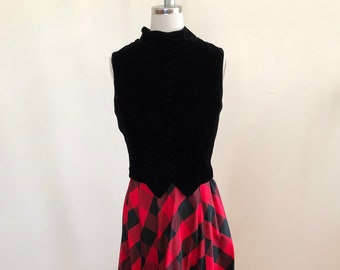 Black Velvet and Plaid Taffeta Gown - 1970s