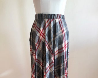 Grey, Cream, and Red Plaid Pleated Midi-Skirt - 1980s