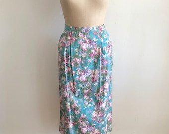 Teal and Pink Floral/Rose Print Cotton Midi Skirt - 1980s