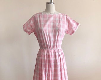 Pink and White Plaid Midi Dress by Lanz - 1950s