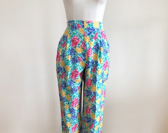 Bright Multicolored Floral Print Pants - 1980s