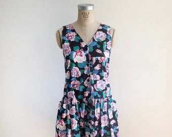 Black and Pink Floral Print Pinafore Dress - 1980s