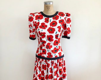 Black, White, and Red Floral Print Cotton Party Dress - 1980s