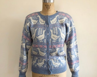 Pale Blue and Pink Duckling Motif Cardigan - 1980s