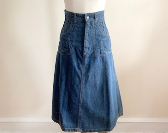 A-Line Denim Midi Skirt with Quilted Yoke - 1970s