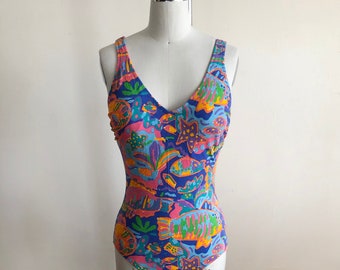 Bunter Fisch Print Badeanzug / Bodysuit - 1980er Jahre