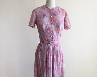 Pale Pink and Purple Geometric Print Shirtdress - 1950s