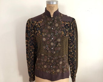 Black and Brown Placement Print Silk Blouse - 1970s