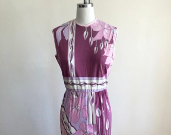 Pink and Purple Floral Placement Print Dress - 1970s