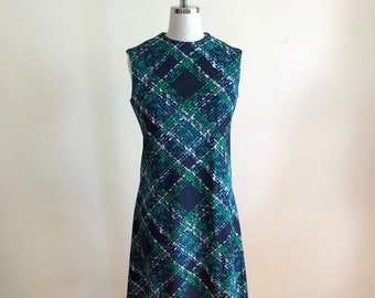 Sleeveless Bright Blue and Green Geometric Print Shift Dress - 1960s
