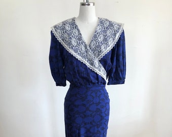 Gunne Sax Blue and Black Print Dress with Oversized Lace Collar - 1980s