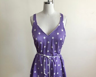 Purple and White Geometric Print Skirted Swimsuit - 1970s