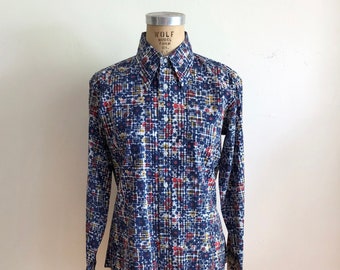 Blue Floral Print Button-Down Shirt - 1970s