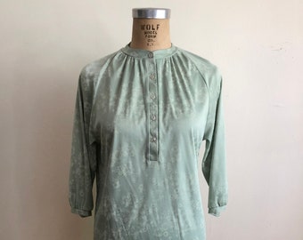 Light Green Floral Print Blouse - 1970s