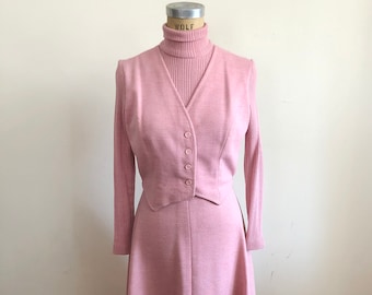 Pink Knit Turtleneck Dress with Faux-Vest - 1970s