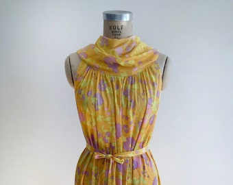 Bright Yellow/Orange Floral Print Dress - 1960s