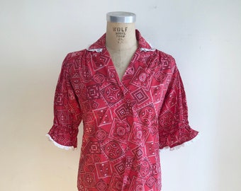 Red Bandana Print Cotton Blouse - 1980s