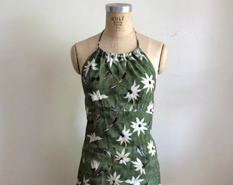 Olive Green Floral/Daisy Print Halter Mini-Dress - 1990s