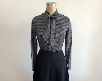 Black and White Polka Dot Dress with Neck Bow - 1970s