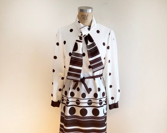 Brown and Cream Placement Print Polka Dot Dress with Tie - 1970s