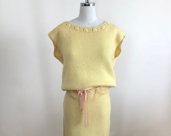 Pale Yellow Knit Top and Skirt Set with Floral Crochet Trim - 1960s