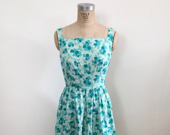 Aqua Floral Print Sundress - 1950s