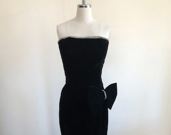 Strapless Black Velvet Mini-Dress with Rhinestone Trim and Oversized Bow - 1980s