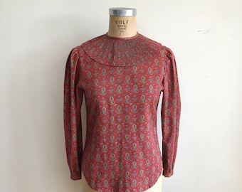 Red Floral/Tapestry Print Blouse with Oversized Micro-Pleat Collar - 1980s