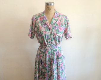 Multicolored Floral Print Matching Blouse and Skirt Set - 1980s